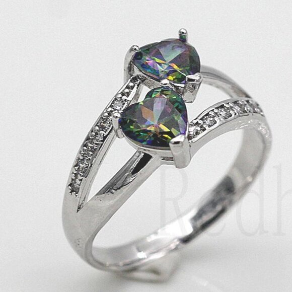 18K White Gold Filled Double Heart Mystical Rainbow Diamond Zircon Ring Gorgeous - Picture 2 of 2